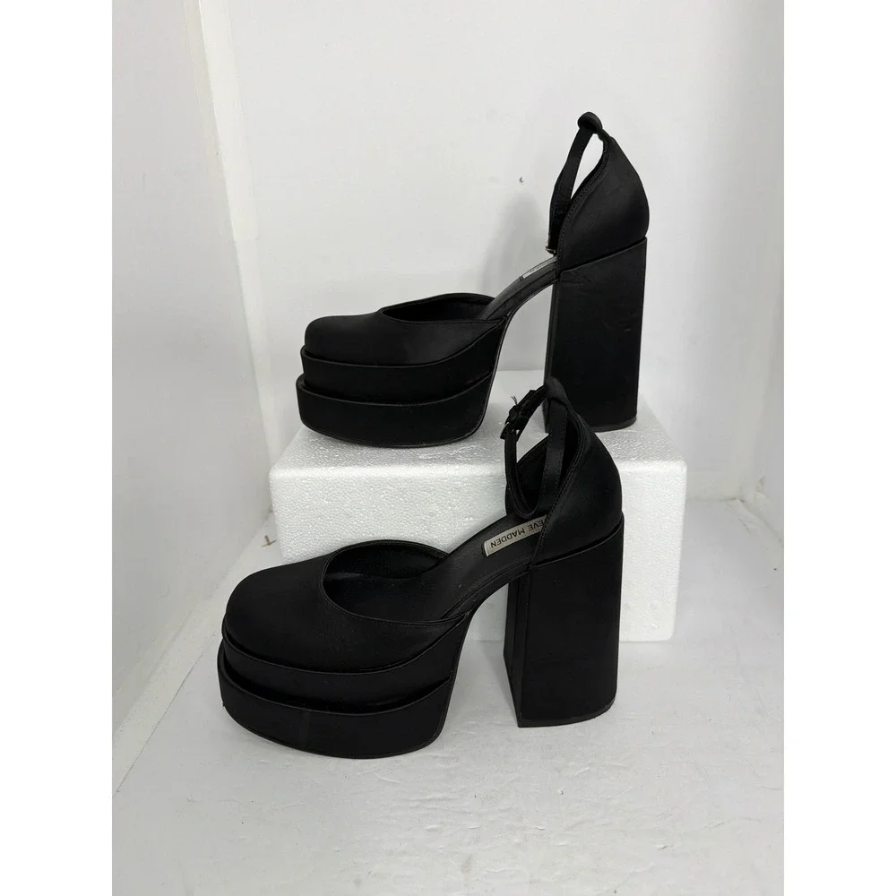 Steve Madden Charlize Black Satin Double Platform Heel size Ankle Strap Pumps 8